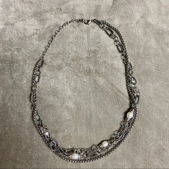 3-strand Silver tone Link chain with Faux Pearls - up to 20” - Picture 4 of 9